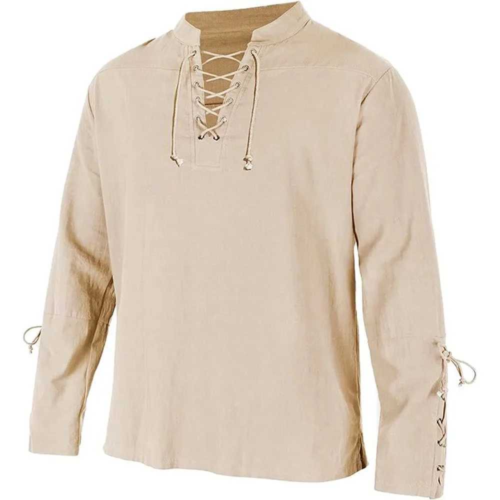 Men's Long Sve Shirts Lace Up V-neck Cuff Medieval Pirate Dress Up Streetwear Halloween Gothic Punk Style Men's Clothing Q260917