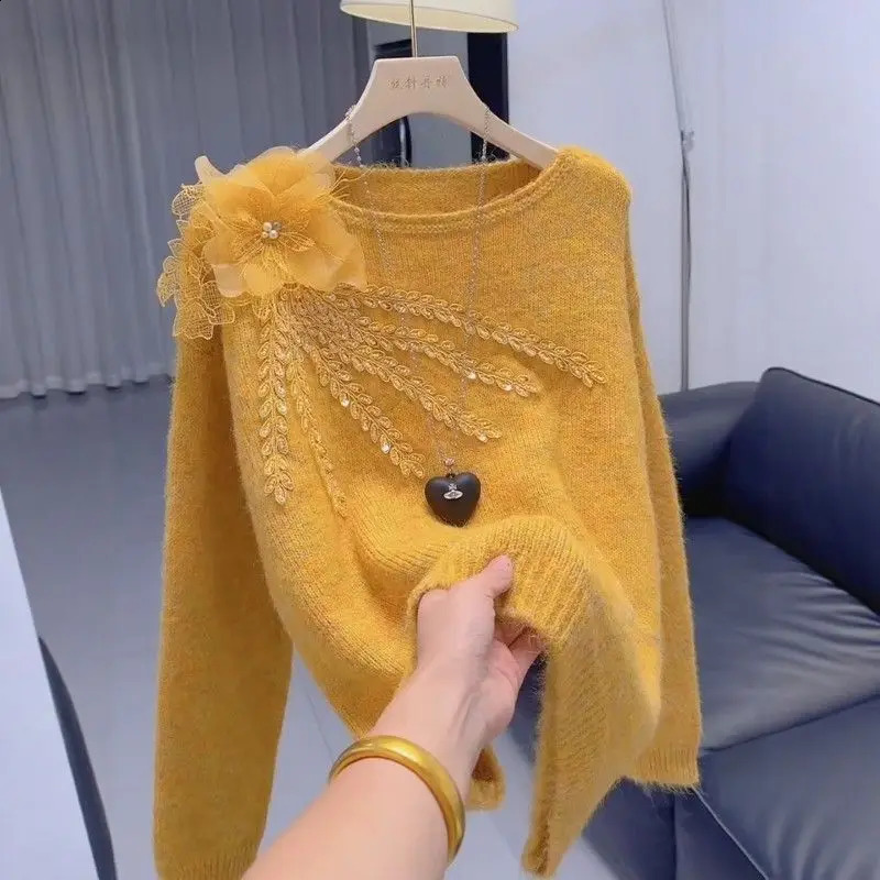 Knit Sweater Soft Pullover Women 3D Flowers Sequin Embroidery Fall Winter Lazy Knitwear Long Sleeve Top Y2k Fairy Grunge 260917