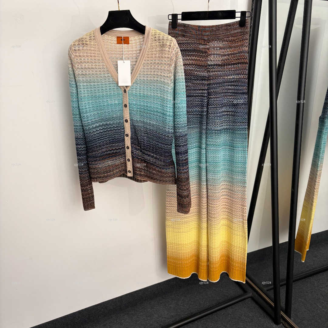 New Women Gradient Striped Knit Set Sleeveless Tank Top V Neck Long Sleeve Cardigan Wide Leg Pants suit co ord women designer clothes Casual Outfit