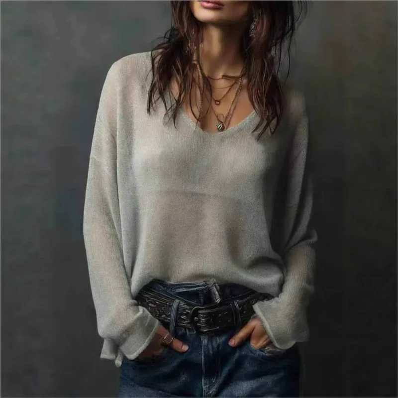 Fashion Spring New Women Pullover Solid Color Casual Versatile Loose Tops V-Neck Sweater Long Sleeve Perspective Y2K Knit Tops S260917JB7U