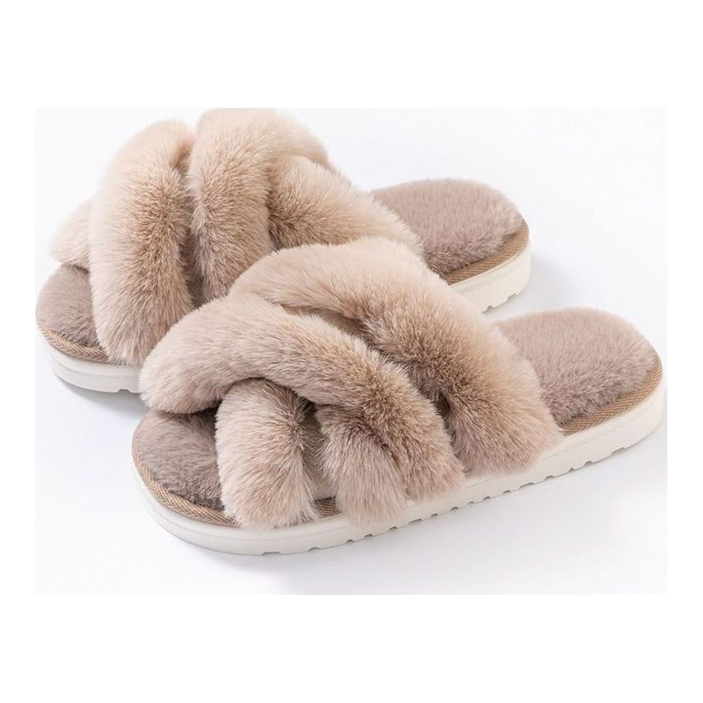 Fluffy Open Toe House Slippers Women Men, Dopamine Colorful Faux Fur Cross Strap Indoor Slides, Warm PVC Sole Bedroom Shoes, Wholesale Bulk