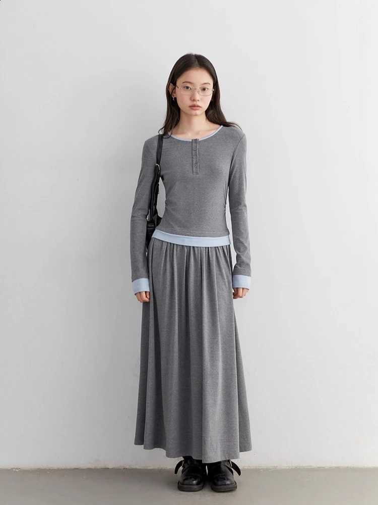 Dresses CHIC VEN New Women Long Sleeve O Neck Contrast Fake Two-piece Slim Fit Female Long Dress Pullover Autumn Winter 2025W260915