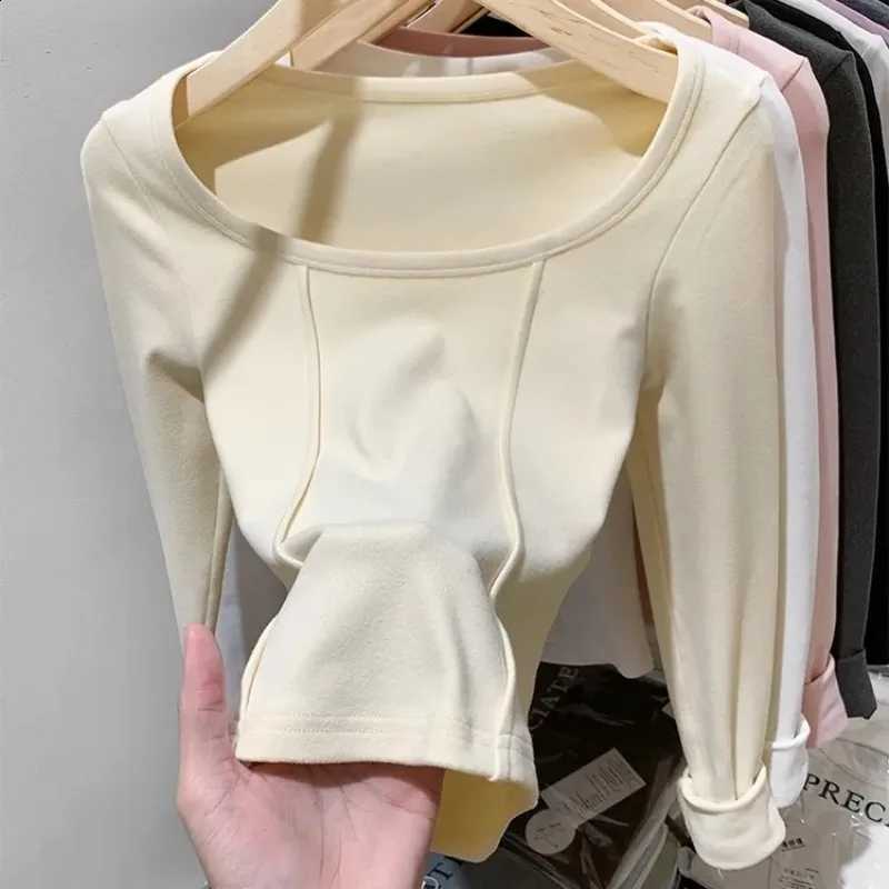 Women's Square Neck Long Sleeve Thermal T-Shirt Thin Velvet Base Shirt Winter Inner Wear Slim Fit Short Top Pullover Top H260916