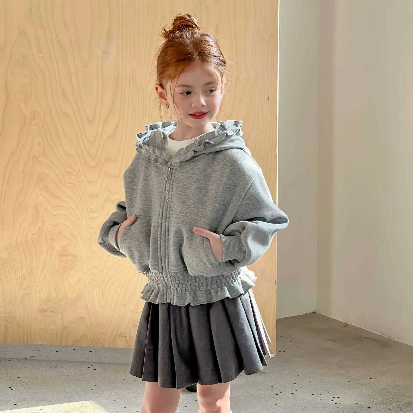 Black Fungus Girls Edge Hooded Knitted Jacket 2025 Spring Autumn New Girls Long Sleeve Zipper Short Coat Casual VersatileT260916