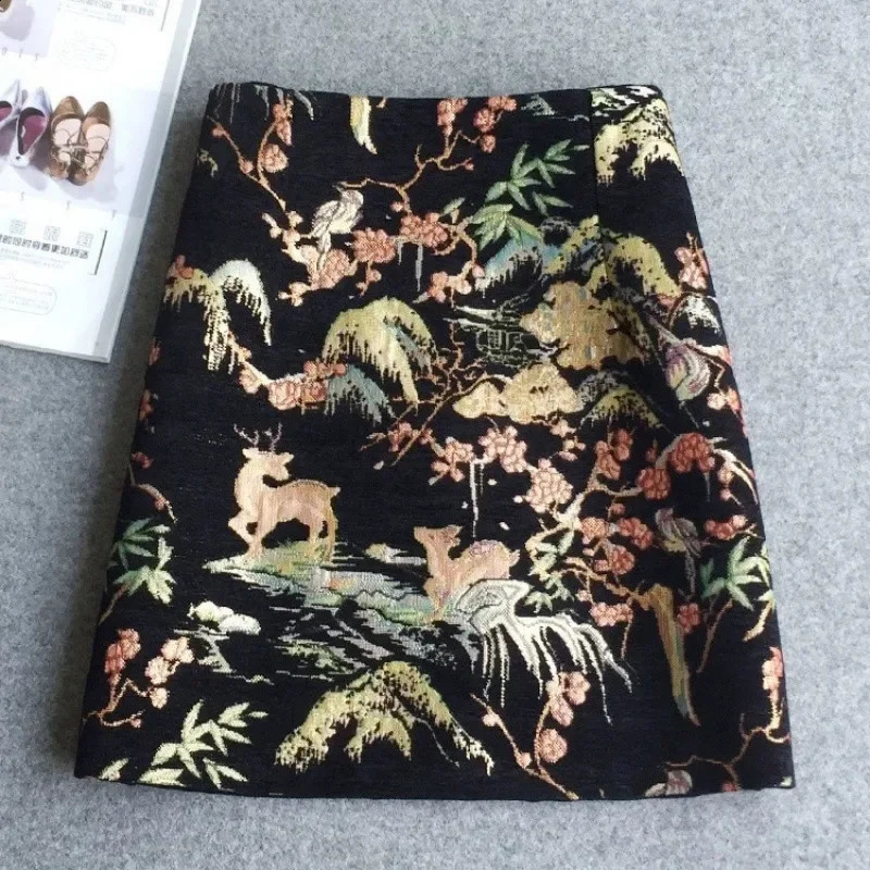 Chinese national wind skirt womens autumn and winter short skirt retro fashion embroidery A word onestep hip skirt 260917