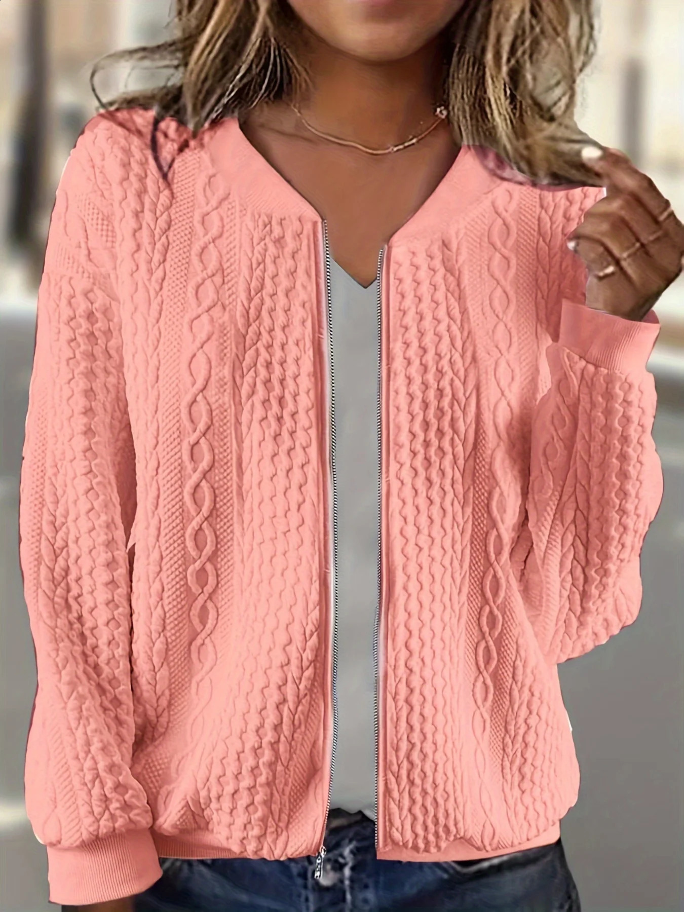 Plus size women's cable knit Vneck zipup short jacket loose zip long sleeve pocket slimming daily commute cardigan top 260910
