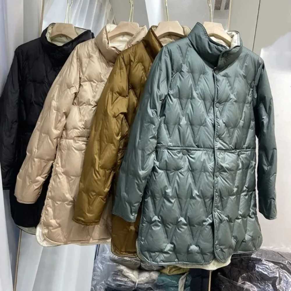 Women Arrivals 2024 Double New Sided Thin Puffer Jacket Stand Collar White Duck Down Coat Female Ultra Light Mid-Long Parkas H260917