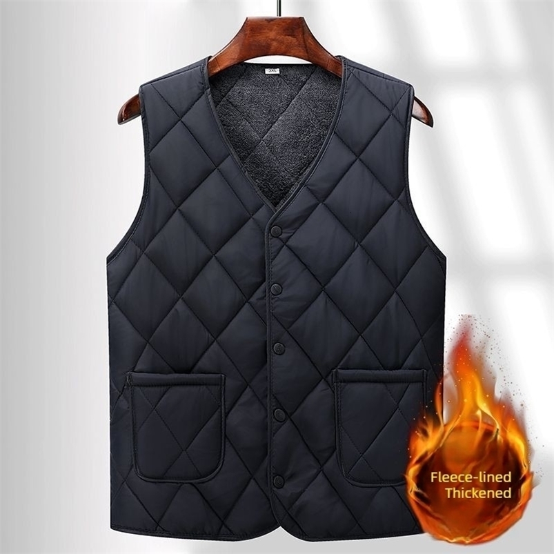 Winter thermal Men Vest Fleece Thick Quilting V-neck for Daily Windproof Inside Solid Color Sleeveless Keep Warm Waistcoat 260916