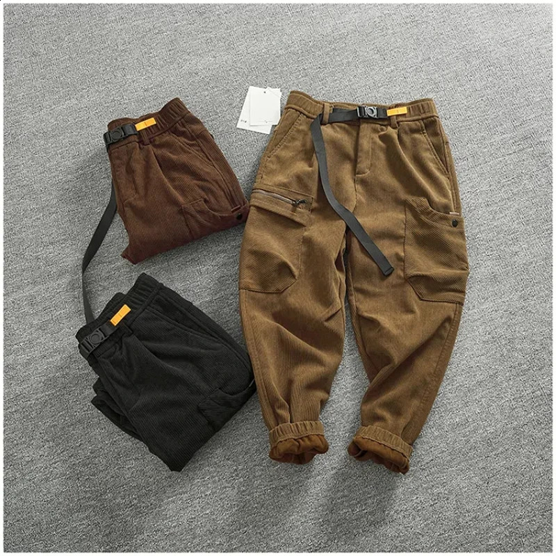 Vintage heavy corduroy overalls men's autumn winter fleece thickened multi-pocket fitted vertical cut leg casual pants 260916
