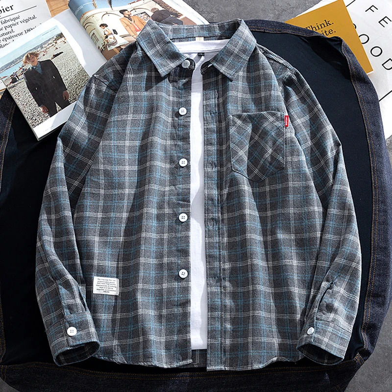 Men's Casual Plaid Shirts Autumn Fashion Long-sleeved T-shirts Korean Loose High Street Shirt Outwear Young Adults Spring Top 260916