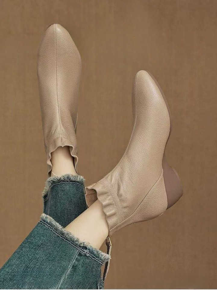 Soft Leather Wedge Ankle Boots for Women Ruffled Trim Round Toe Back Zipper Light NonSlip Winter Short Boots D260917