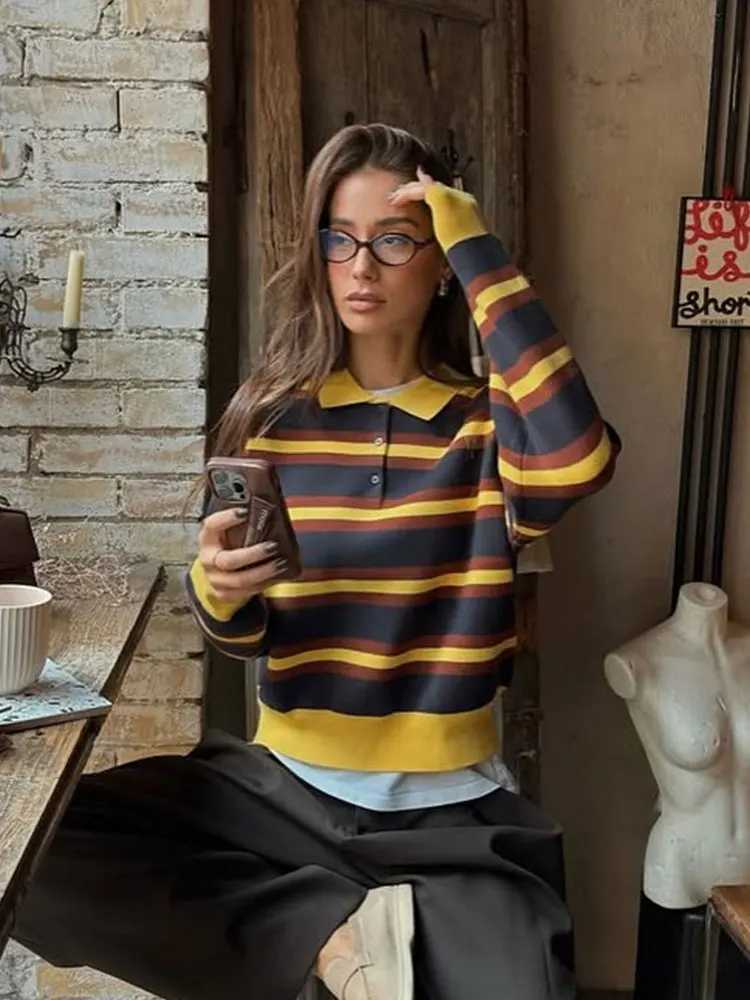 HH Women Trend Casual Striped Knitted Pullover Sweater Lapel Long Slve Sweater Shirt Spring Fashion High Strt Lady Chic Tops S2609170L5P