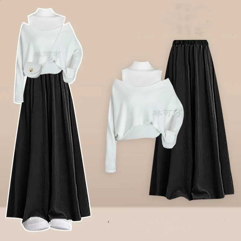 Autumn 2026 Women's New Spring Chic Knit Sweater Smock+Vest+Loose Skirt Pants 3-Piece Suit Korean Elegant Tracksuit Matching SetW260915