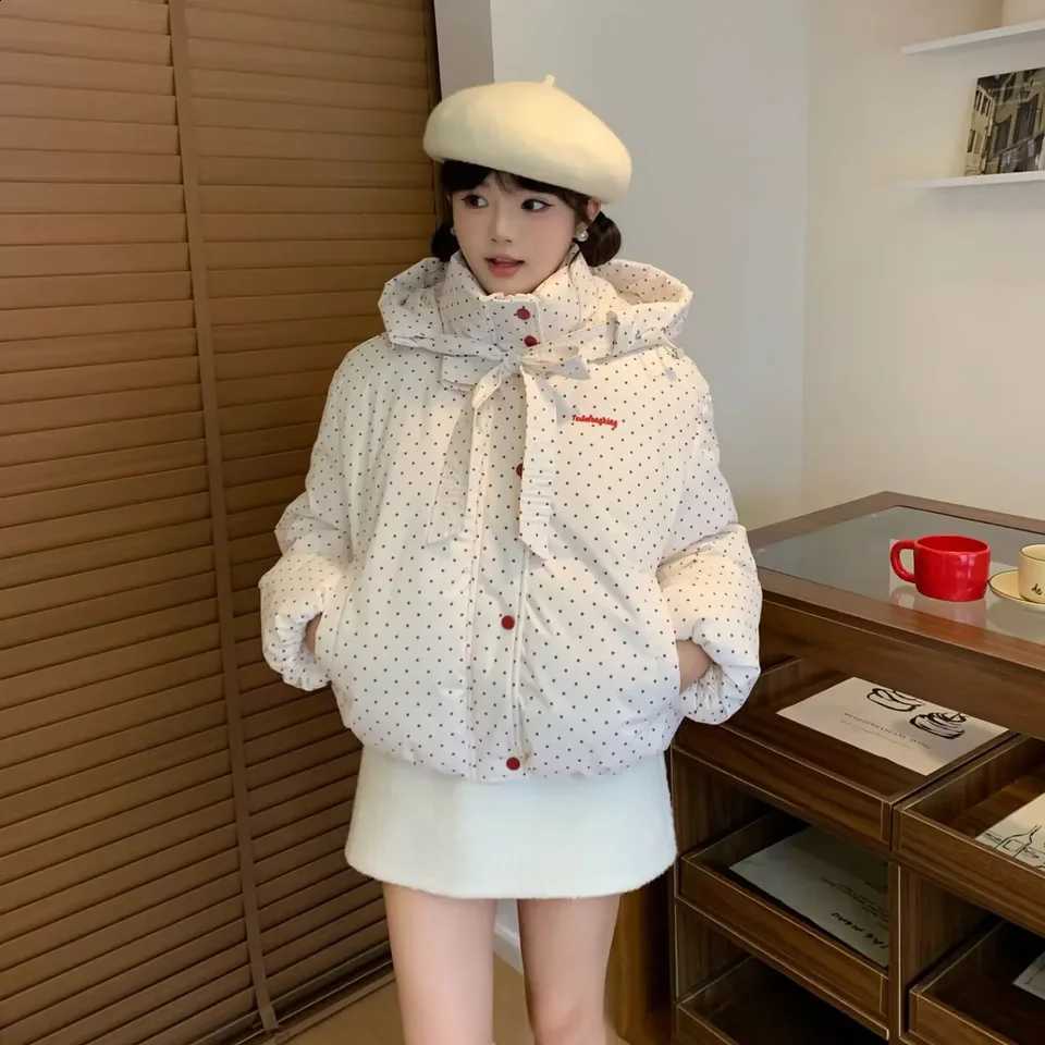 Kawaii Red Polka Dot Hooded Puffer Jacket Bow Tie Drawstring Collar Oversized Loose Short Winter Bubble Coat Outerwear Women H260917