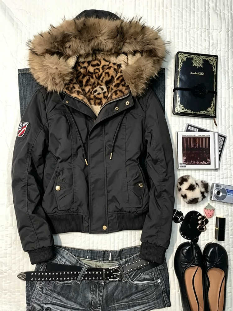Winter Retro Women Y2K Aesthetic Faux Fur Hood Parka Loose Jacket Warm Casual Streetwear Daily Outdoors Thick Female Winter Coat H260917