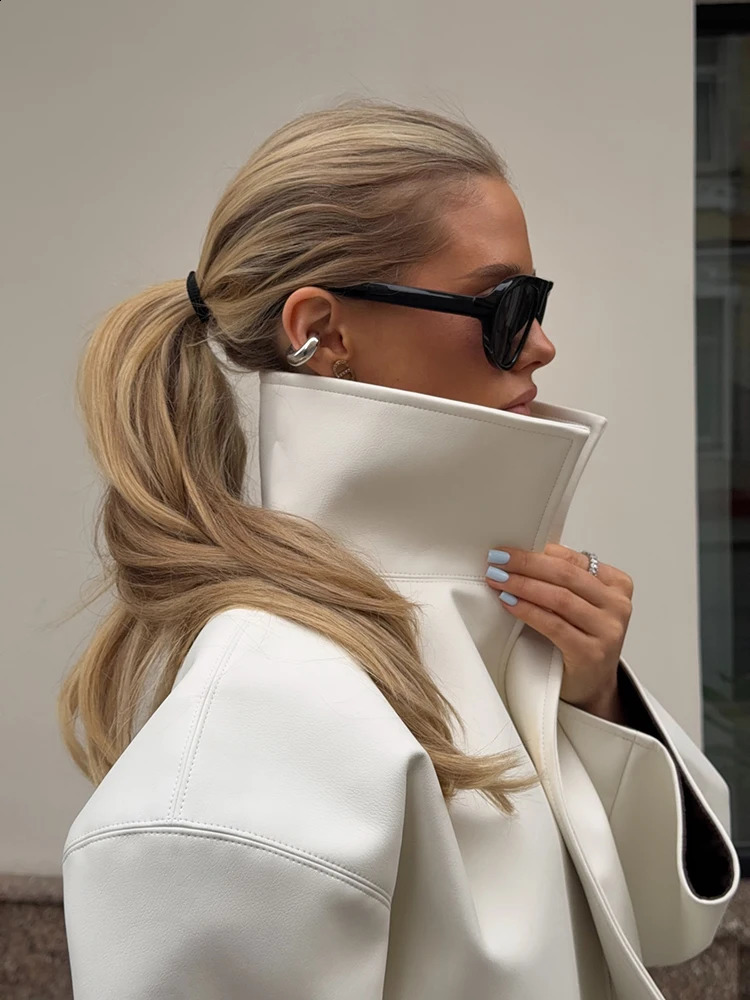 Fashion Loose Solid Coat Women Street White Pu Leather Full Sleeve Stand Collar Jackets Female 2026 Summer Autumn Lady Outerwear 260916