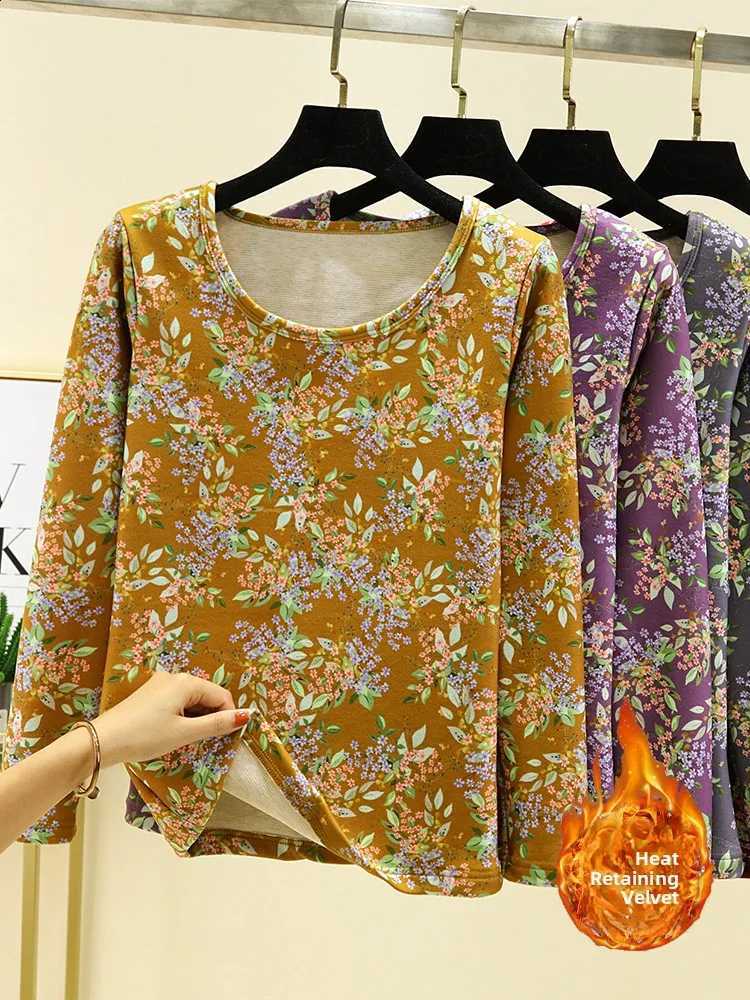 Women's Fleece Lined Thickened Silk Long Sleeve Base Shirt Warm Autumn Clothes Slim Fit Large Size round Neck Home Clothes H260916