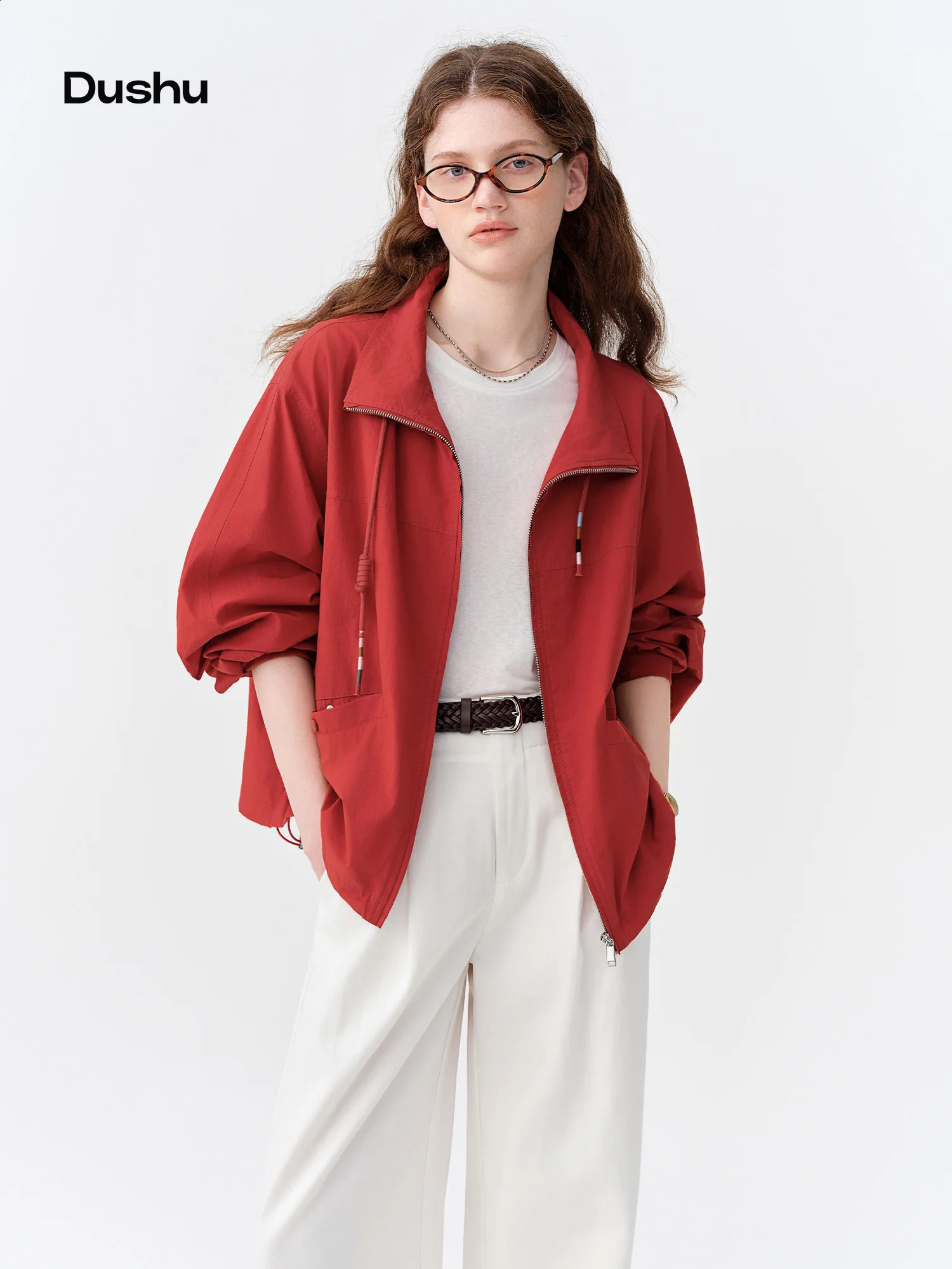 DUSHU Retro-style Stand-up Collar Short Jacket Autumn Drawstring Short Coat Floral Print Commuting H-Shape Casual Jacket Pockets 260917