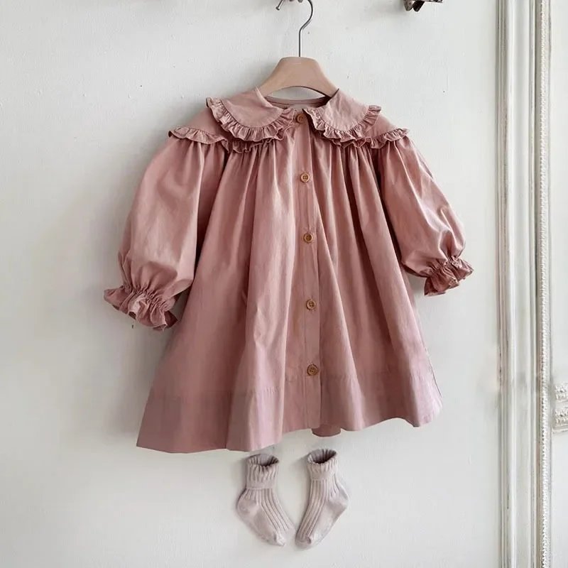 Spring Cotton Linen Girls Dress Ruched ALine Casual Toddler Dress