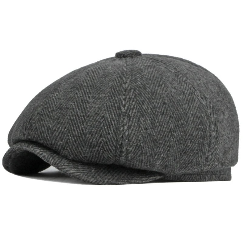 Winter Beret Cap Thick Wool Mens Flat Hat Vintage Striped Casual