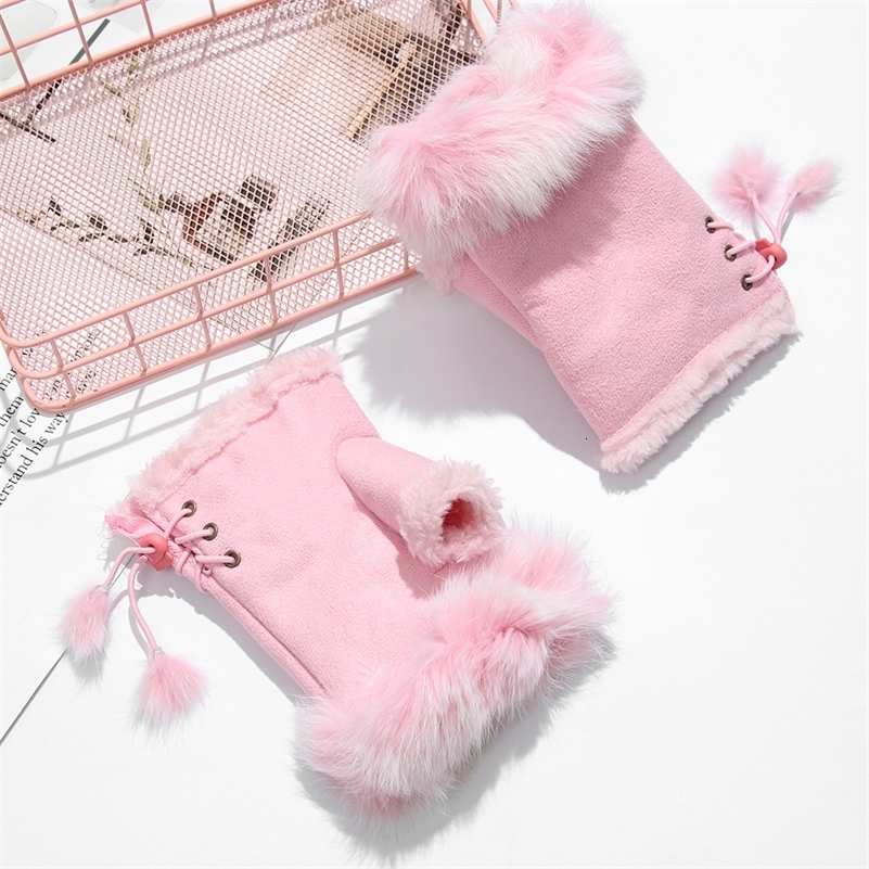 1 Pair Fashion Fingerless Faux Rabbit Hair Gloves Suede Leather Soft Stretch Gloves Women Girls Winter Thicken Warm Mittens260915ww