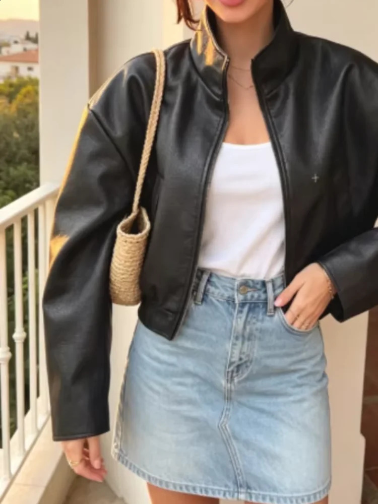 Street Women PU Leather Jackets Stand Collar Zipper Long Sleeve Cropped Coat 2026 Autumn In Outerwear Motorcycle Jacket 260916