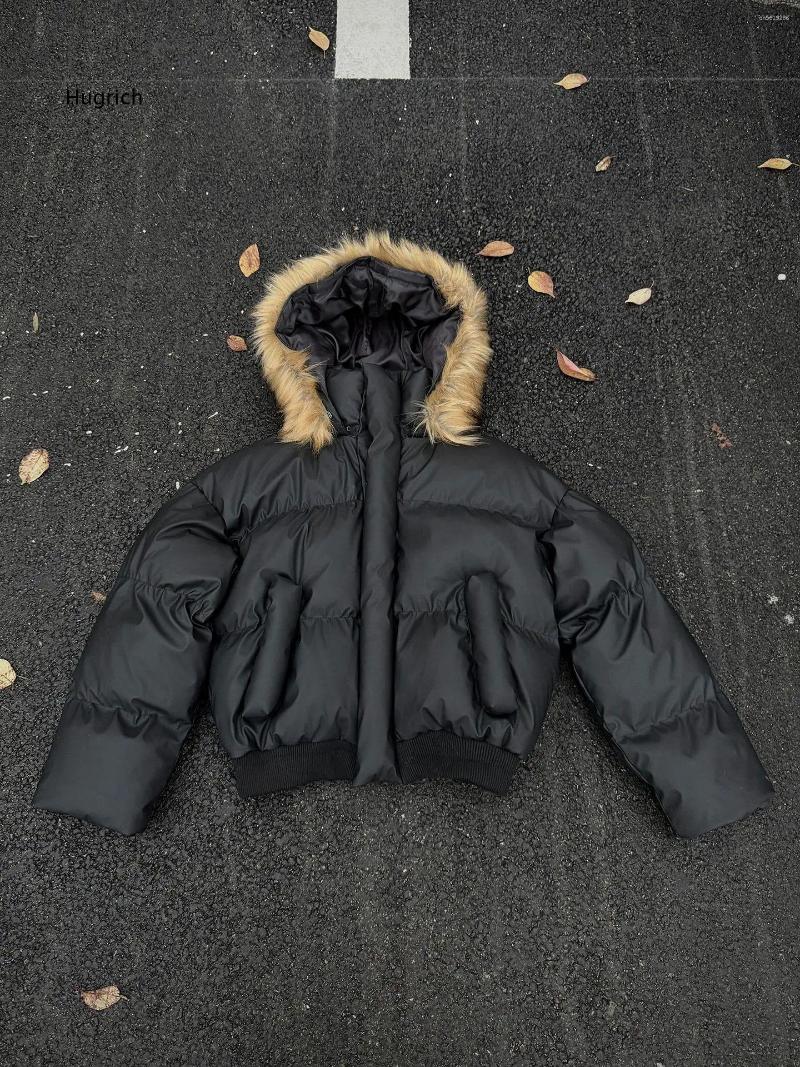 Men Khaki Cropped Puffer Coat Detachable Faux Hood Full Zip Side Pockets Ribbed Hem Thermal Winter Outer Jacket