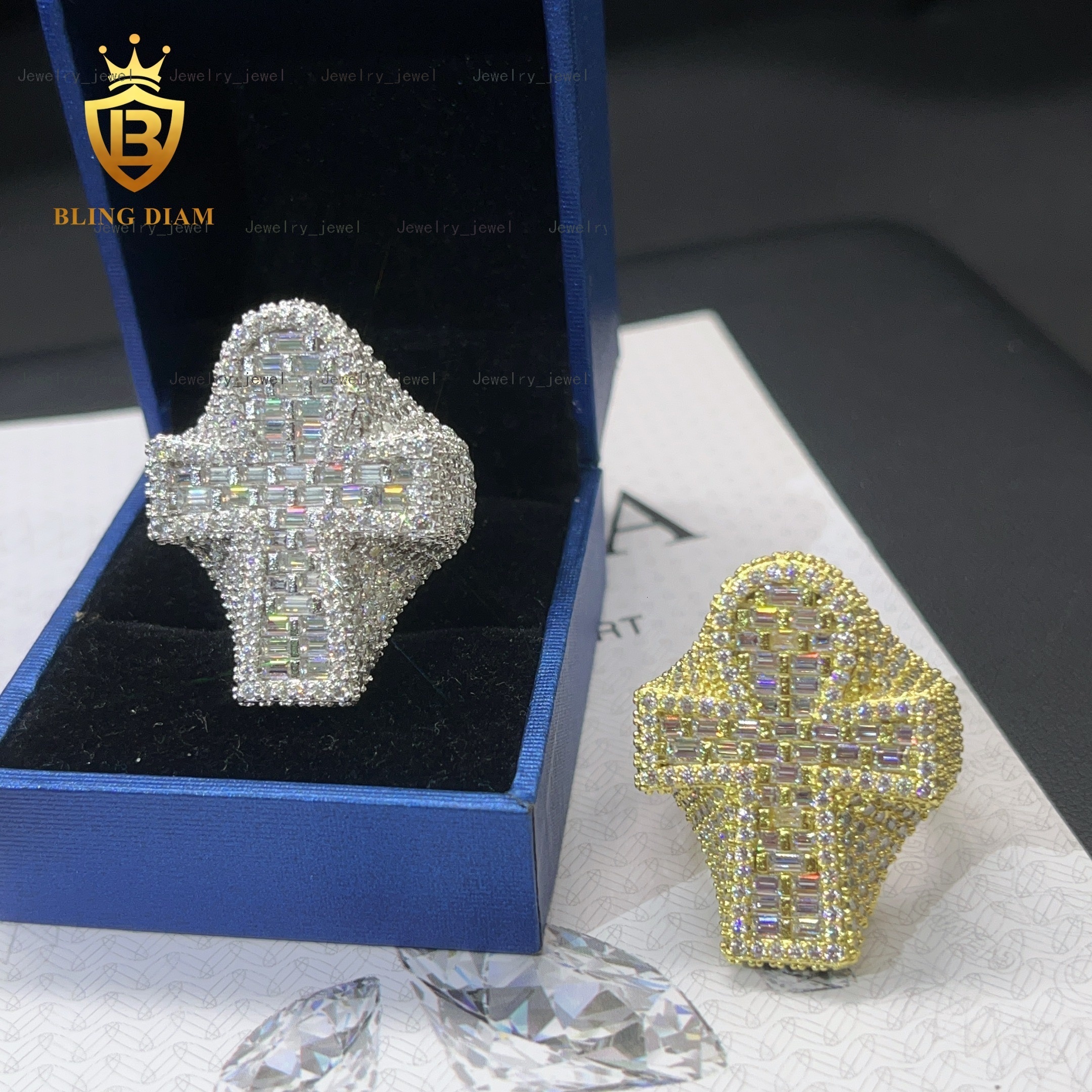 Iced Out Gold Plated baguette Cut Moissanite Cross Ring 925 Silver Pass diamond Tester Men Ring Hip Hop Rapper Jewelry in Stock