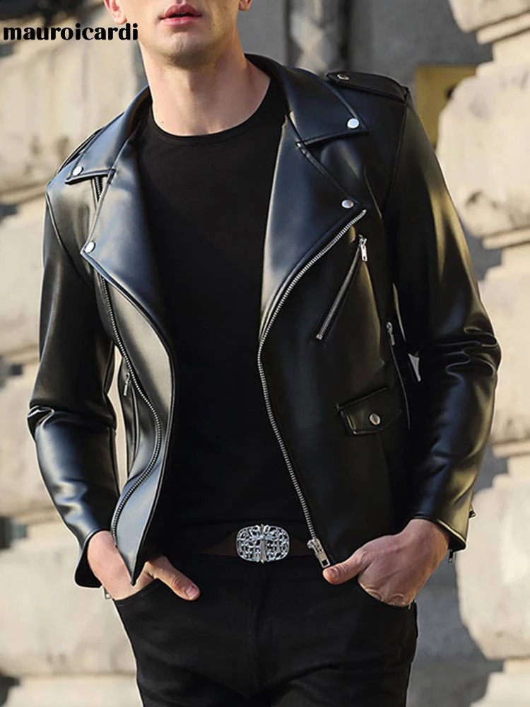 Mauroicardi Spring Autumn Short Fitted Cool Black Faux Leather Biker Jacket Men Zipper Long Sleeve Plus Size Clothing 4xl 5xl 260917