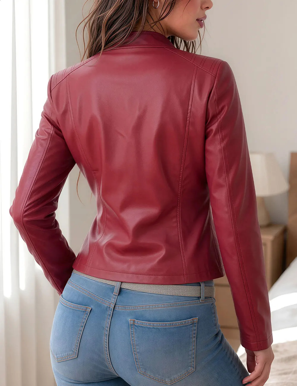 Sexy Women's Classic Burgundy Faux Leather Biker Moto Jacket Slim-Fit Zip Up Mock Neck Long Sleeve Casual Streetwear Spring 2026 260916