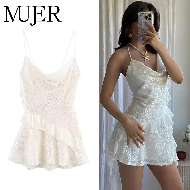 MUJER Sequin Mini Dress Woman Sexy Slip Party Dresses for Women Summer Backless Women's Dress Straps Beach Short Dresses 260917