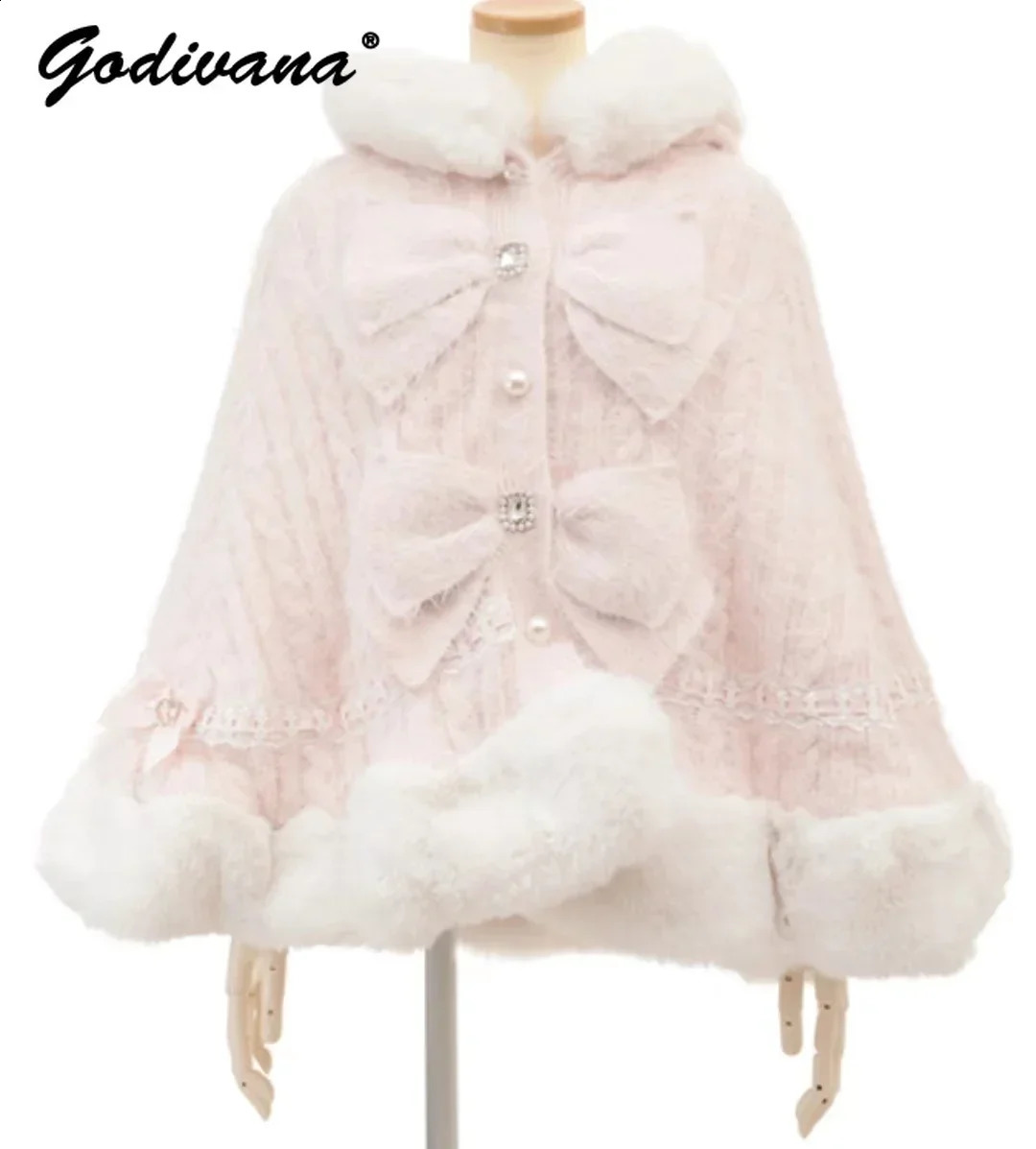 Japanese Liz Sweet Princess Faux Rabbit Fur Cape Coat Women Autumn Winter Fur Jacket Loose Clock Rhinestone Bow Hooded Coat 260917
