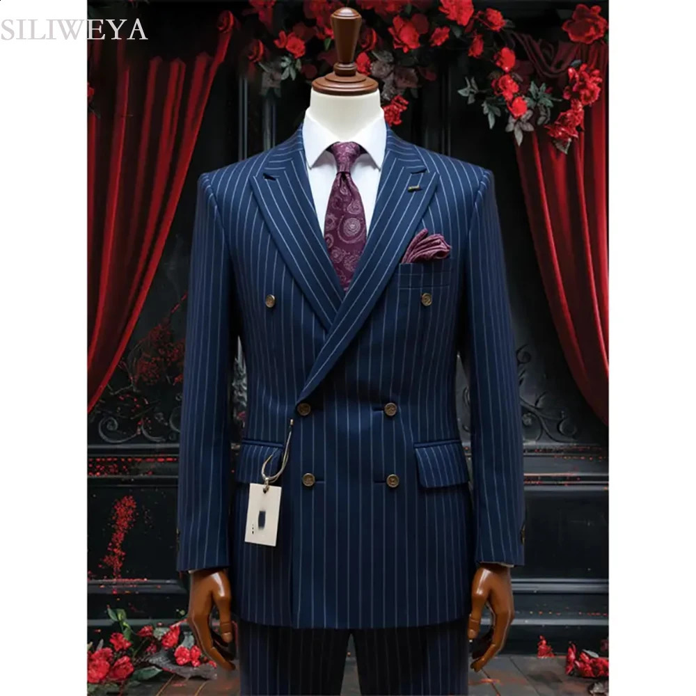 SILIWEYA Double Breasted Business Mens Suits Elegant peaks Lapel Slim Fit Male Clothing High Quality Stripe Male Clothing Blazer 260916