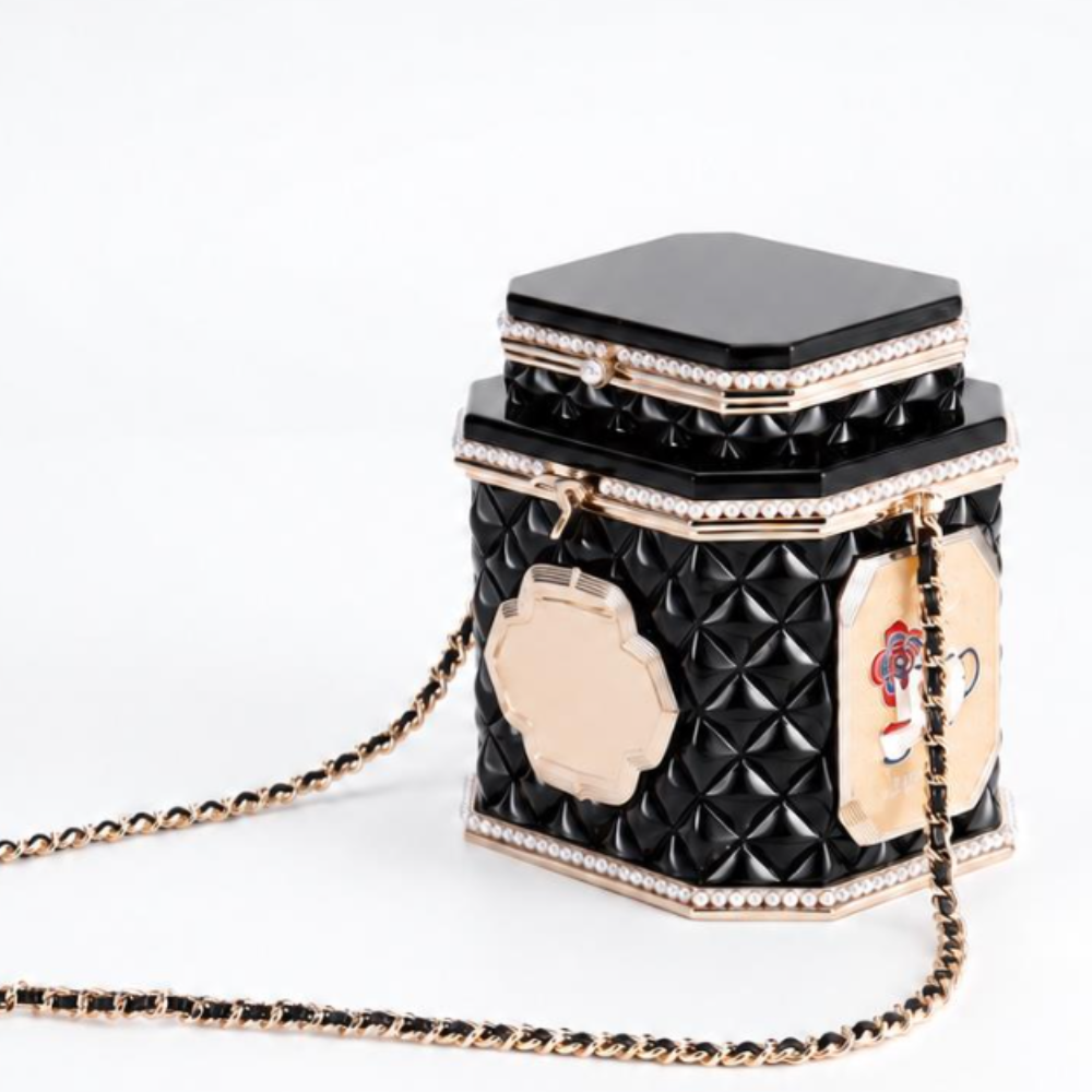 Hard Shell Minaudiere Bag Elegant Acrylic Tea Caddy Pearl Embellished Chain Shoulder Bag for Dinners Top-Tier Designer New Arrival