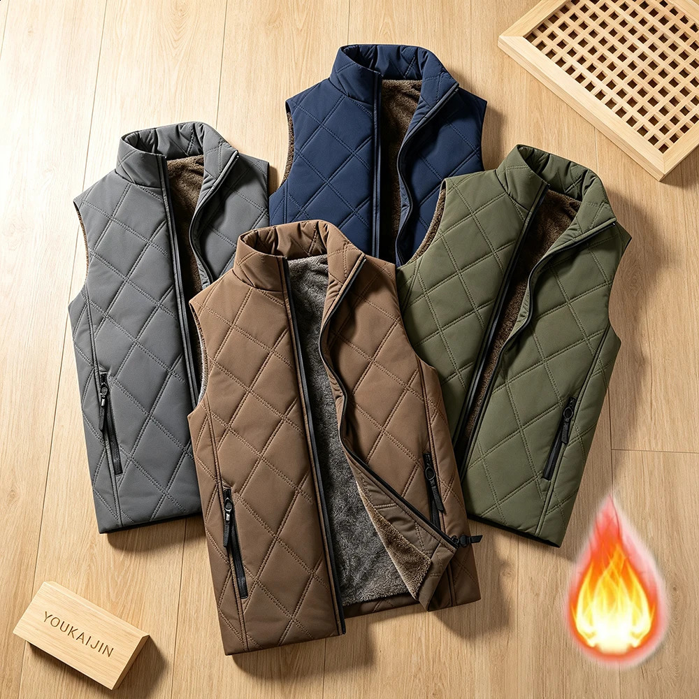 Korean Style Men Thick Fleece Lined Vest Autumn Winter Diamond Quilted Zip Up Sleeveless Gilet Casual Warm Outer Waistcoat 260916