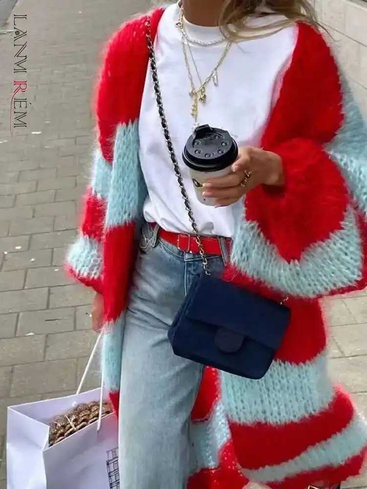 Street LANMREM Striped High Knited Cardigan For Women Lantern Sleeves Contrast Color Long Sweater 2025 Spring Winter New 2Z2559 J260916