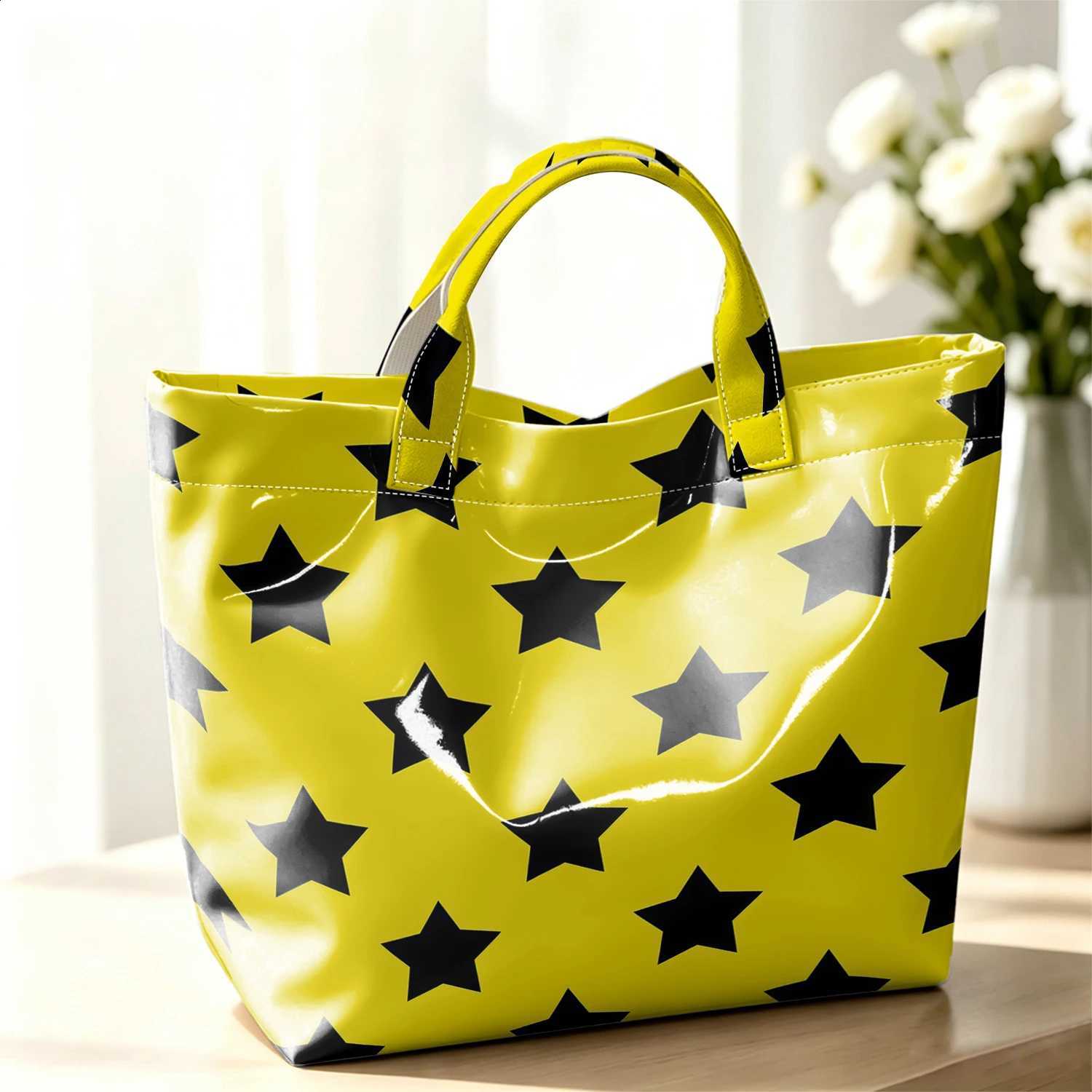 Yellow Black Star Cute Large Glossy PVC Tote Bag Hand Washable Lightweight Soft Great for Travel Commute Makeup Storage Handbags H260916