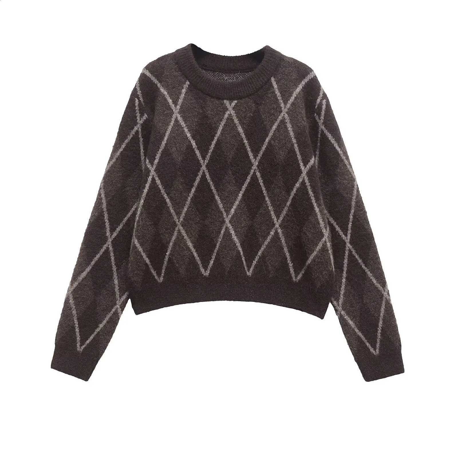 Knitted Long Sleeve Fashionable round Neck Grid Pattern Women's Sweater Versatile Autumn Winter Style Comfortable Midweight K... J260916