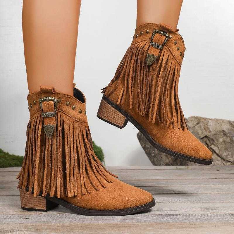 Boots Vintage Tassel Western Women Winter 2026 Designer Metal Thick Heel Ankle Boots Women Country Texan Booties D260917