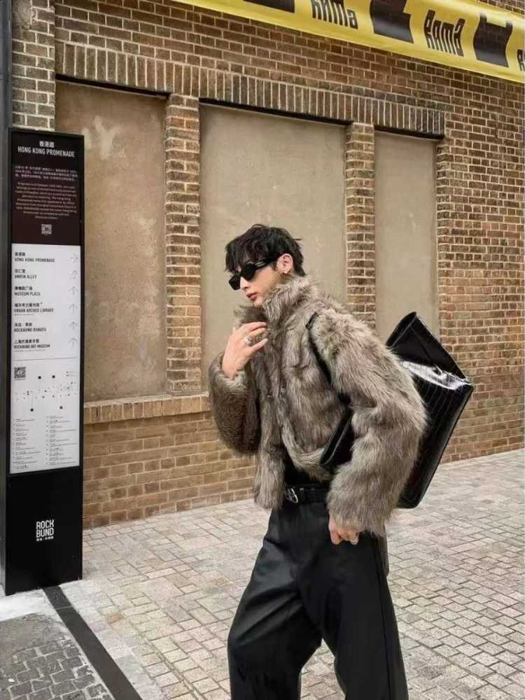 Fur Men Faux Winter Thickened Coat Cropped Fluffy Stand Collar Plush Warm High Street Cold-Resistant Jacket OvercoatW260915