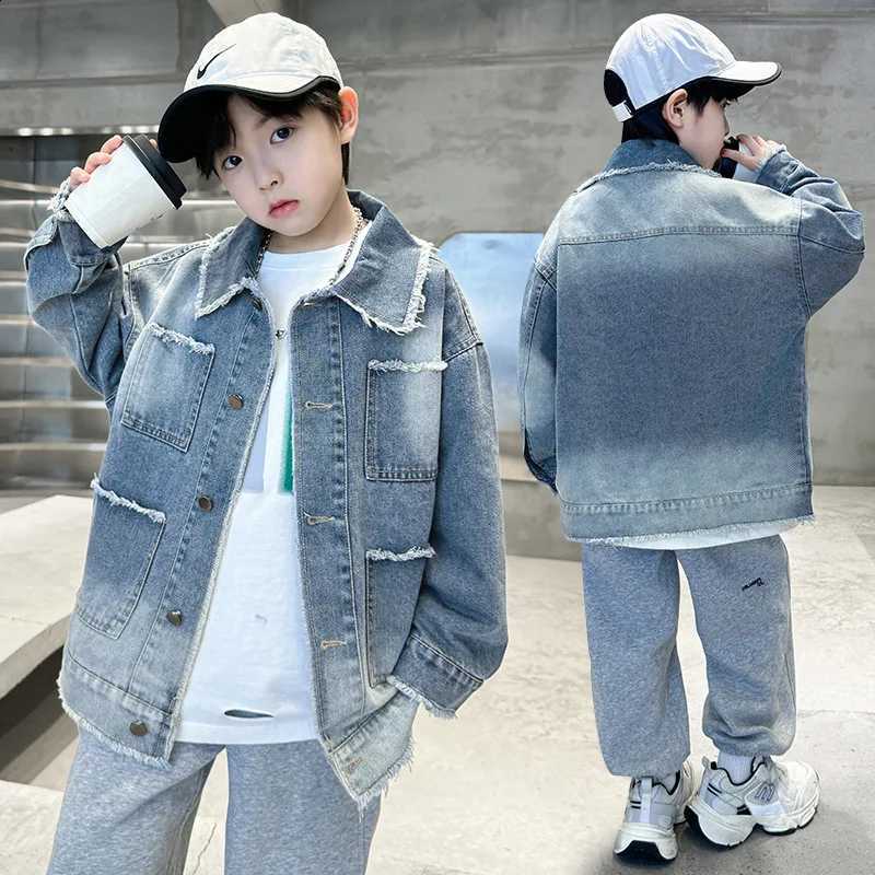 kids Spring Autumn Outerwear Korean Loose Style Children's Vintage Gradient Blue Black Denim Jacket for Teen Boy Cool Jeans CoatT260916
