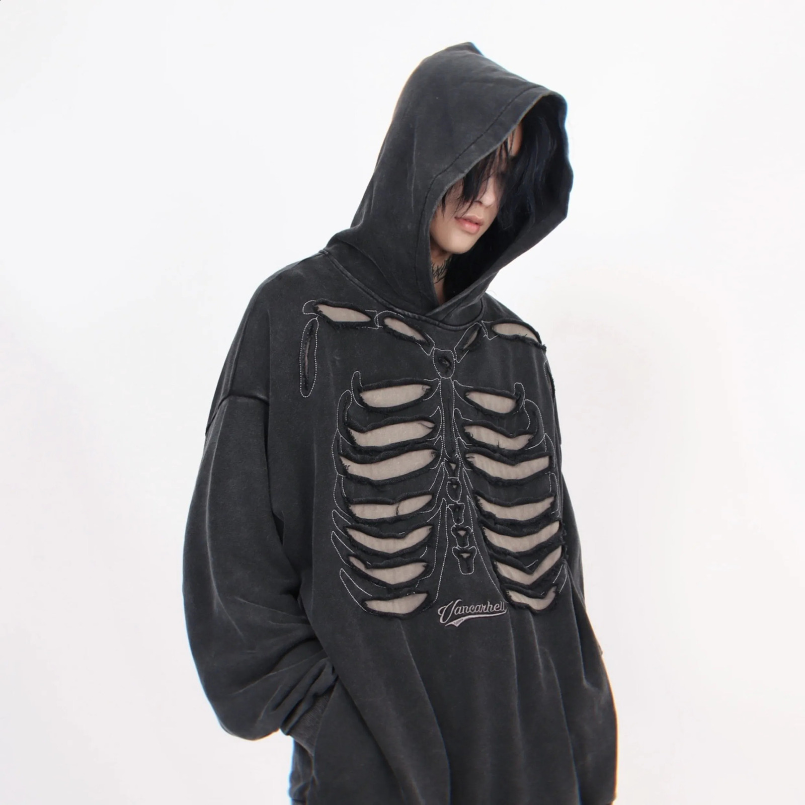 Autumn Winter Ripped Hole Skeleton n Punk Hip Hop Hoodie Men Women High Street Vintage Oversize Hoodies 260916