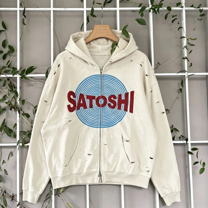 Winter Oversize SATOSHI Jacket Vintage Distressed Washed Worn Red Glitter Letters Blue Ring Double Zipper Hoodie Men Women 260917
