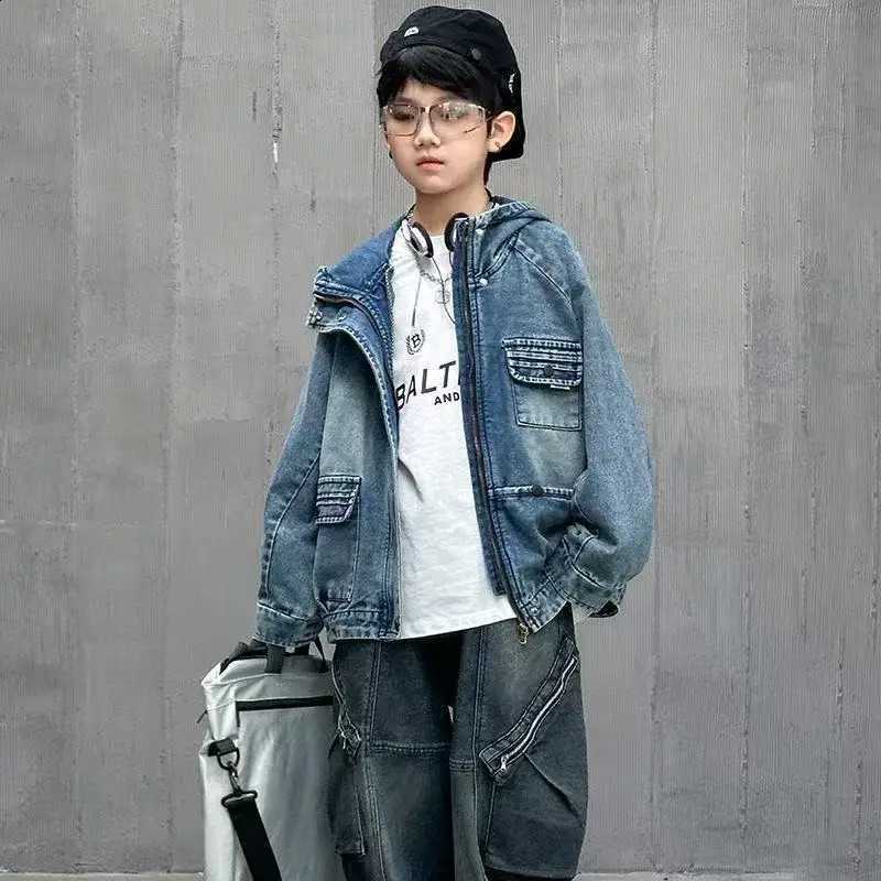 Jacket Children Denim with Hood for Boys Autumn Casual Clothes 5-14 Years Old Korean Soft Jeans Hoodies Coat Clothing OutfitT260916