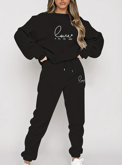 Designer fashion casual resort wear for women, featuring a fleece-lined and thickened autumn/winter sweatshirt and pants set, model 0019 with a prin