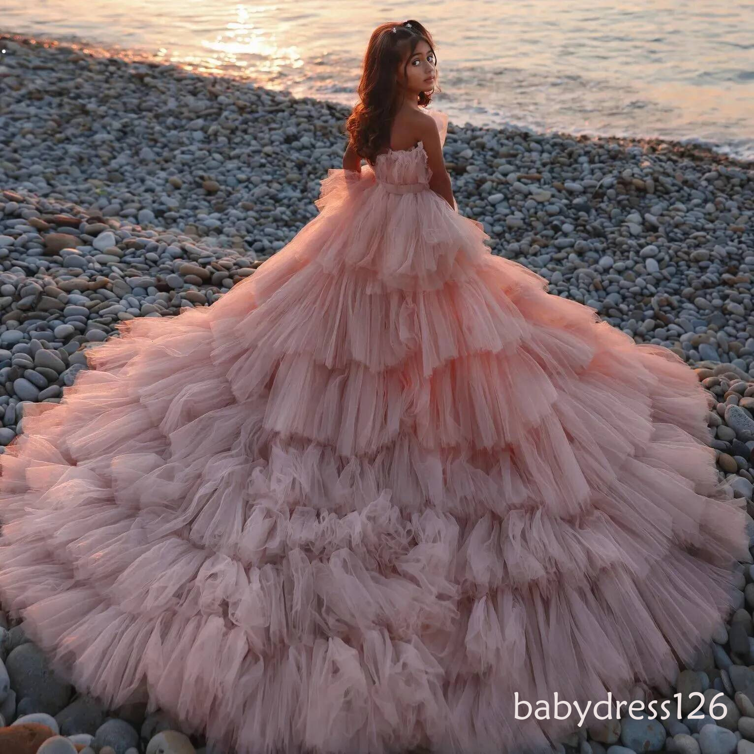 Blush Pink High Low Flower Girl For Beach Wedding Kids Strapless Party Girls Pageant Dresses Princess Birthday Photoshoot