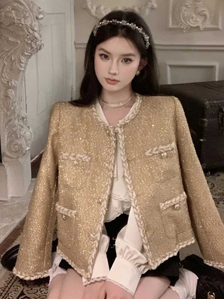 Quality Luxury High Tweed Coat Female French Casual Fashion Basic Round Neck Korea Chic White Small Fragrance Ladies Jacket C260917