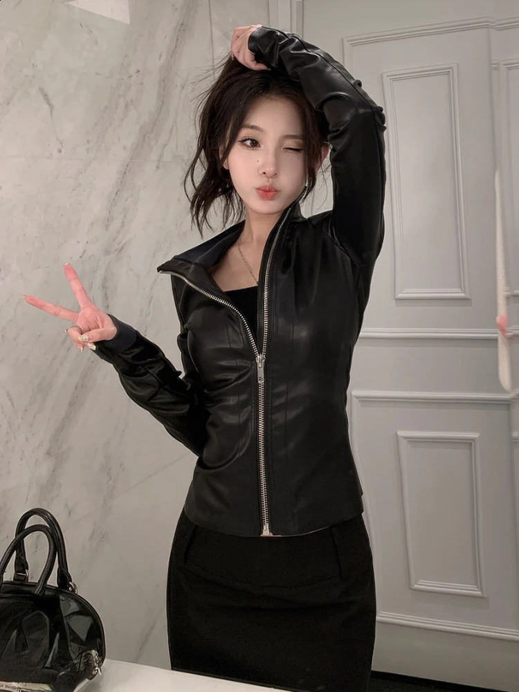 Streetwear Solid Women PU Jackets Y2k Aesthetic Zipper Slim Fit Cropped Elastic Coats Harajuku Casual Black Punk Mujer Chaqueta 260916