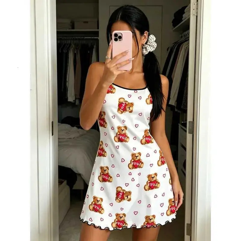 Women Pajamas Women Summer Nightdress Spaghetti Strap Ruffle loungewear Trim Round Neck Home Loungewear Sleep Dress Love Heart Teddy Bear Print Slee