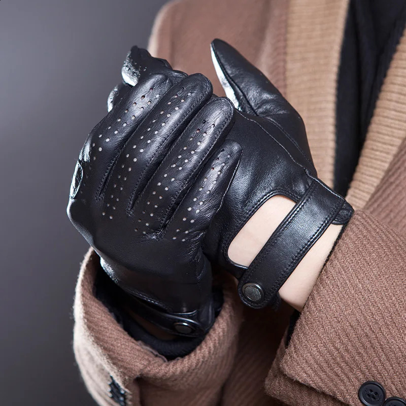 Mens Fashion Genuine Leather Breathable Hole Summer Sports Riding Moto Nonslip Gloves Sheepskin Touch Screen Driving Glove A63 260915